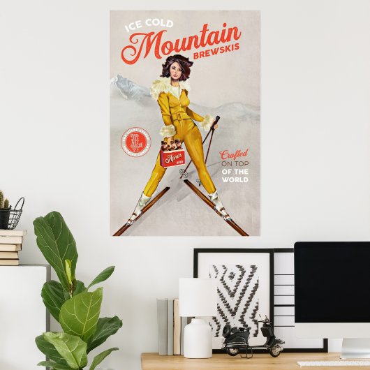 "Mountain Brewskis" Cool Retro Ski Pinup Art Poster (Thuiskantoor)