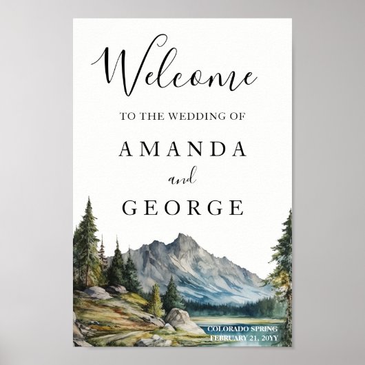 Mountain bruiloft welkomstbord aan het meer poster (Voorkant)