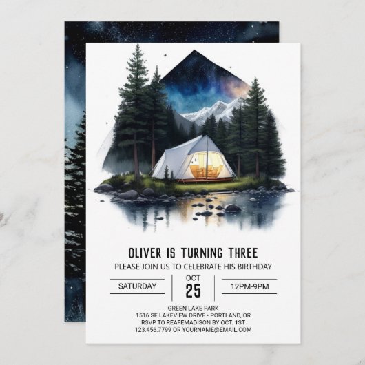 Mountain Campfire Kinderen verjaardagsuitnodiging Kaart (Voorkant / Achterkant)