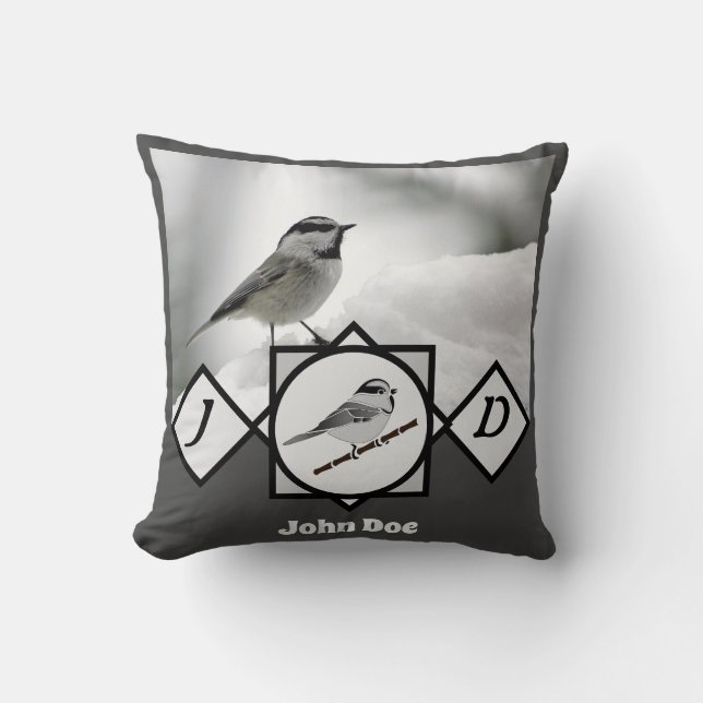 Mountain Chickade Monogram Fotonaam Kussen (Voorkant)