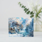 Mountain Cottage bij Waterval in Winter Illustrati Briefkaart (Staand voorkant)
