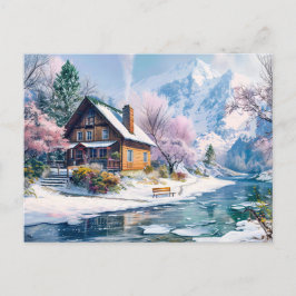 Mountain Cottage in het voorjaar met bloesems Briefkaart