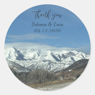 Mountain dank u bruiloft ronde sticker