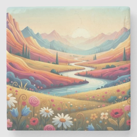 Mountain Dreamscape: Valley of Vibrant Bloom Stenen Onderzetter (Voorkant)