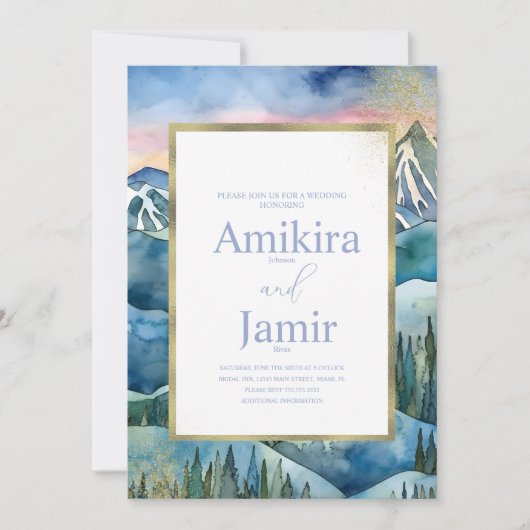 Mountain Dreamy Watercolor Glitter Wedding Kaart (Voorkant)
