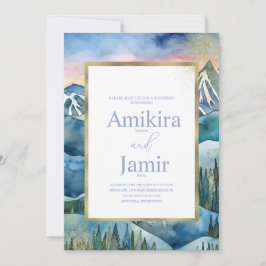 Mountain Dreamy Watercolor Glitter Wedding Kaart