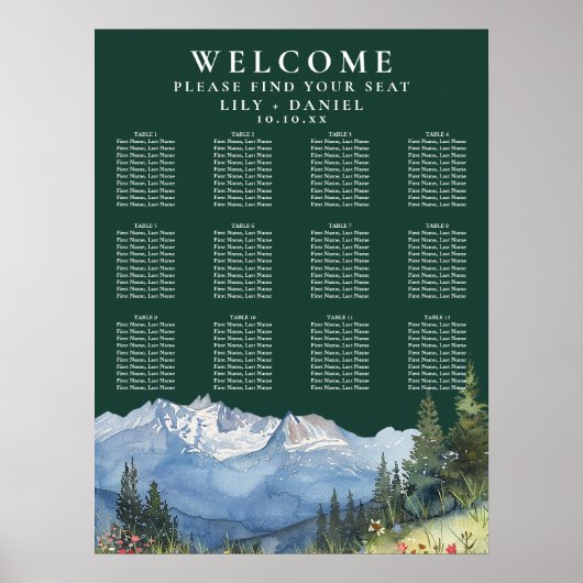 Mountain Floral Emerald Wedding Seating Chart Poster (Voorkant)