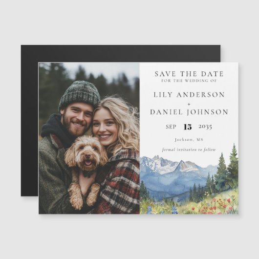 Mountain Floral foto bruiloft Bewaar de datum Magnetische Uitnodiging (Voorkant / Achterkant)