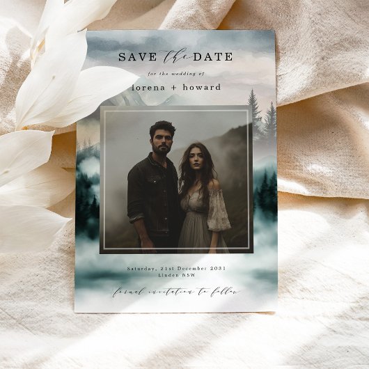 Mountain Fog Pine Forest Bewaar de datumfoto Kaart