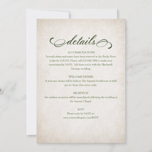 Mountain Forest Bestemming Bruiloft Details Kaart (Achterkant)