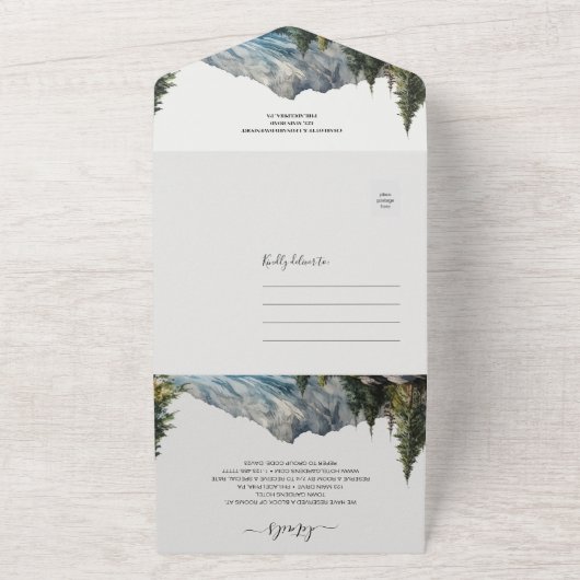 Mountain Forest Bruiloft QR-code RSVP All In One Uitnodiging (Buitenkant)