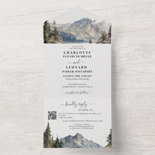 Mountain Forest Bruiloft QR-code RSVP All In One Uitnodiging (Binnen)