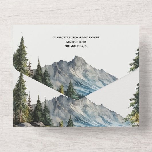 Mountain Forest Bruiloft QR-code RSVP All In One Uitnodiging (Achterkant)