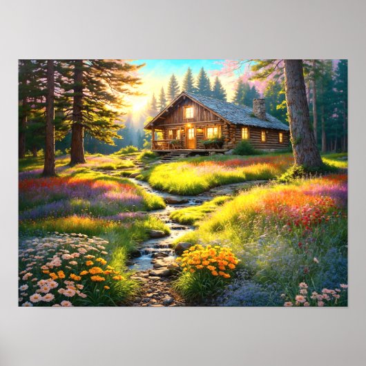 Mountain Forest Cabin Art Poster (Voorkant)