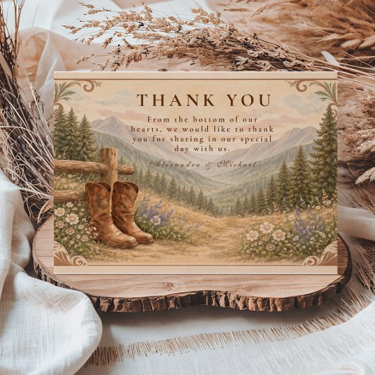 Mountain Forest Cowboy Boots Wedding Bedankkaart