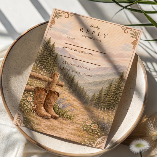 Mountain Forest Cowboy Boots Wedding RSVP Kaartje