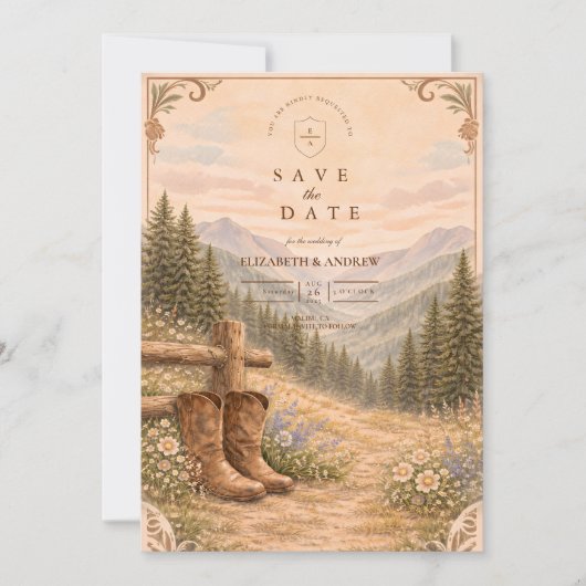 Mountain Forest Cowboy Boots Wedding Save The Date (Voorkant)