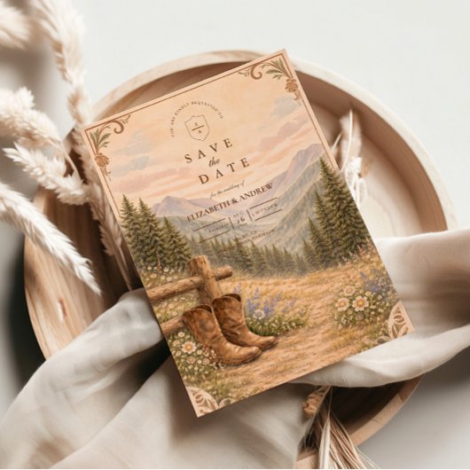 Mountain Forest Cowboy Boots Wedding Save The Date