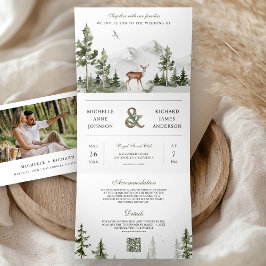 Mountain Forest Deer QR Code Photo Collage Wedding Drieluik Uitnodiging