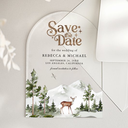 Mountain Forest Deer Wedding Save the Date Acryl Uitnodigingen