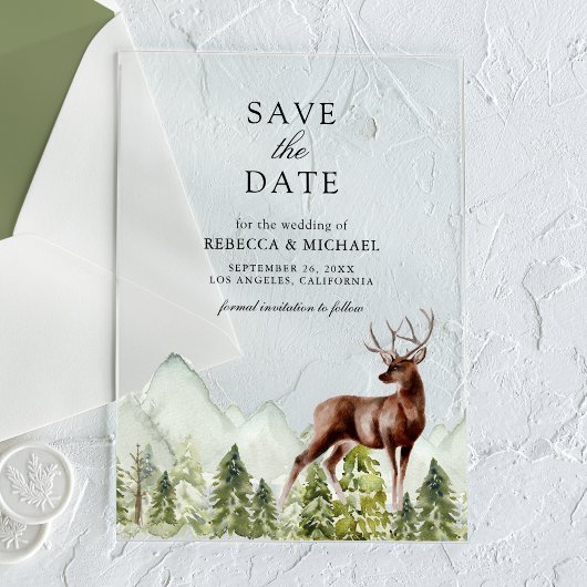 Mountain Forest Deer Wedding Save the Date Acryl Uitnodigingen