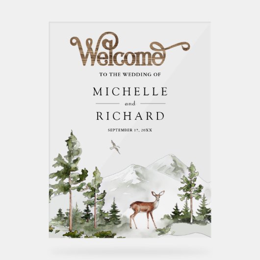 Mountain Forest Deer Wedding Welcome Acryl Bord (Voorkant)