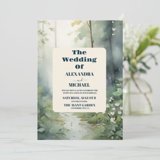 Mountain Forest Elegante Rustieke Bruiloft Kaart (Staand voorkant)