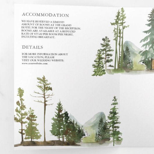 Mountain Forest Lodge blokhut Alles in één bruilof Drieluik Uitnodiging (Binnenzijde eerst)