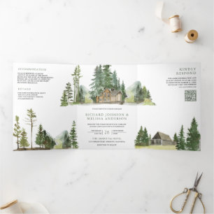 Mountain Forest Lodge Blokhut QR Code Trouwen Drieluik Uitnodiging