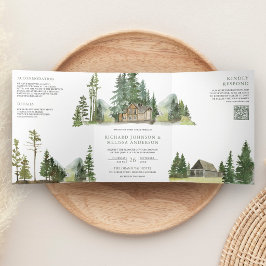 Mountain Forest Lodge Blokhut QR Code Trouwen Drieluik Uitnodiging