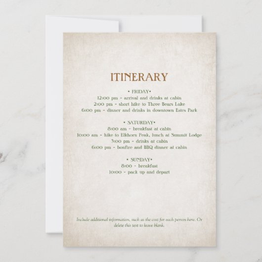 Mountain Forest Meisjesuitstap Weekend Itinerarium Kaart (Achterkant)