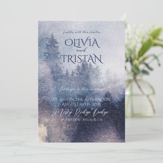 Mountain Forest Mist betoverde bruiloft Kaart (Staand voorkant)