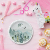 Mountain Forest Mist Evergreens Moon Hawk Papieren Bordje (Feest)