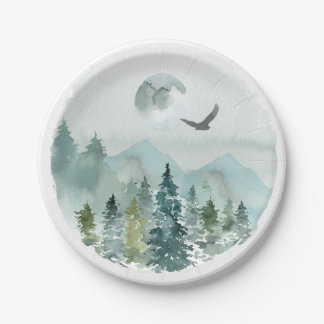 Mountain Forest Mist Evergreens Moon Hawk Papieren Bordje