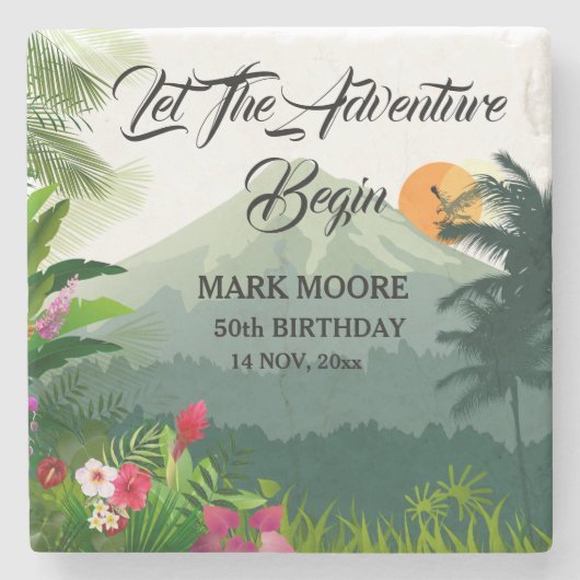 Mountain & Forest Sunset Uitnodiging voor verjaard Stenen Onderzetter (Voorkant)