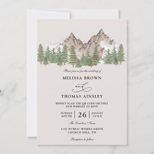 Mountain Forest Tree Rustic Budget QR Code Wedding Kaart (Voorkant)