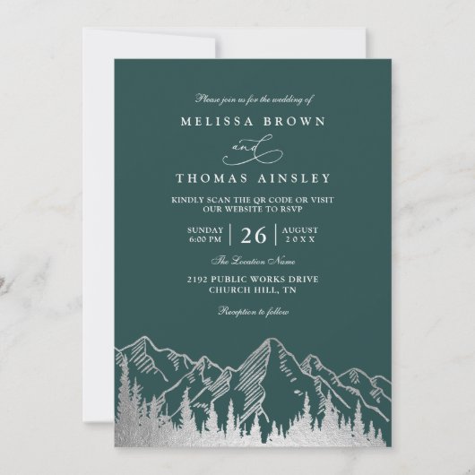 Mountain Forest Trees Pine Rustic QR Code Wedding Kaart (Voorkant)