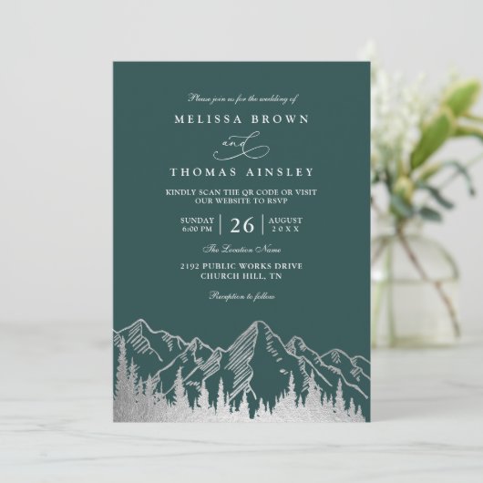 Mountain Forest Trees Pine Rustic QR Code Wedding Kaart (Staand voorkant)