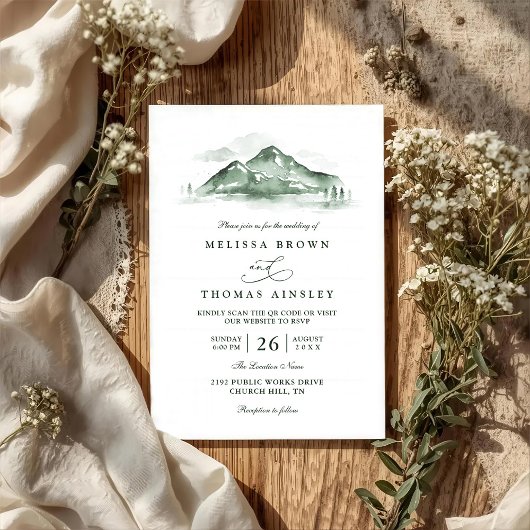Mountain Forest Trees Pine Rustic QR Code Wedding Kaart