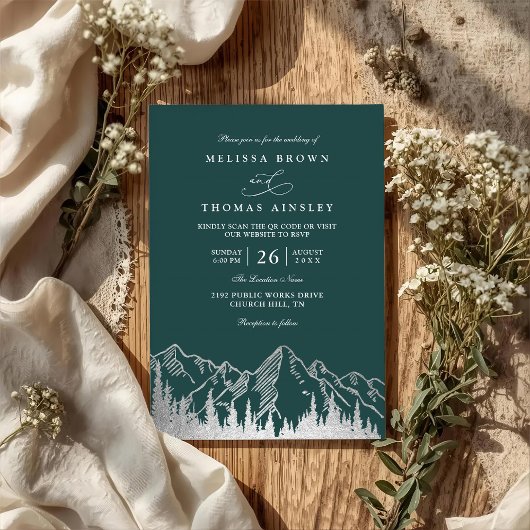 Mountain Forest Trees Pine Rustic QR Code Wedding Kaart