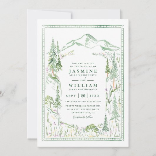 Mountain Forest Trees Rustic QR Code Wedding Kaart (Voorkant)