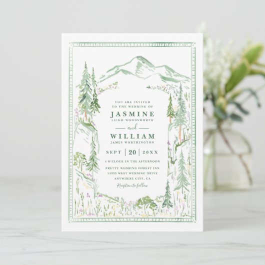 Mountain Forest Trees Rustic QR Code Wedding Kaart (Staand voorkant)