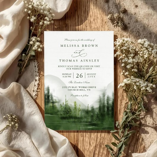 Mountain Forest Trees Rustic QR Code Wedding Kaart