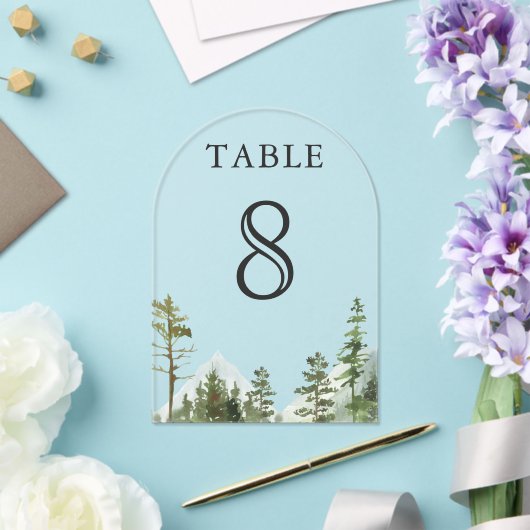 Mountain Forest Trees Wedding Acrylic Table Number Acryl Uitnodigingen (Insitu (Huwelijk))