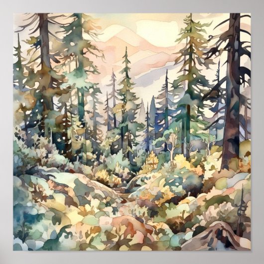 Mountain Forest Waterverf schilderij Art Print (Voorkant)