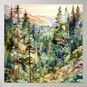 Mountain Forest Waterverf schilderij Art Print