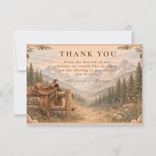 Mountain Forest Western Saddle Wedding Bedankkaart (Voorkant)