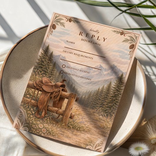 Mountain Forest Western Saddle Wedding RSVP Kaartje