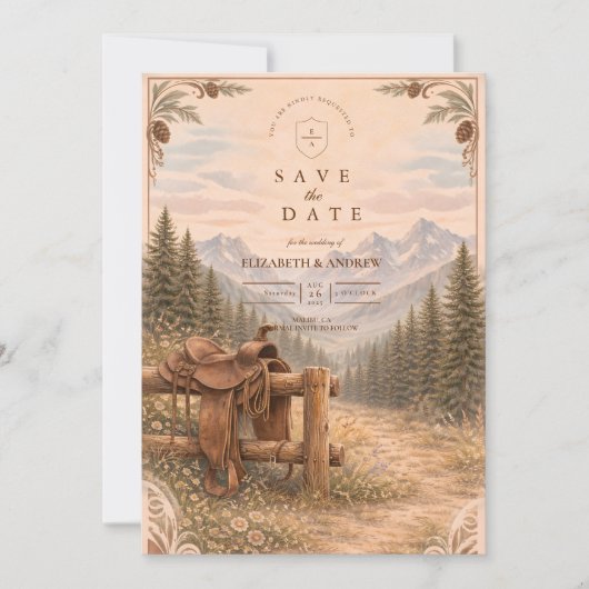 Mountain Forest Western Saddle Wedding Save The Date (Voorkant)