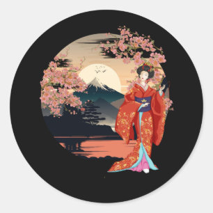 Mountain Fuji Cherry Blossom Geisha Japanse Gard Ronde Sticker